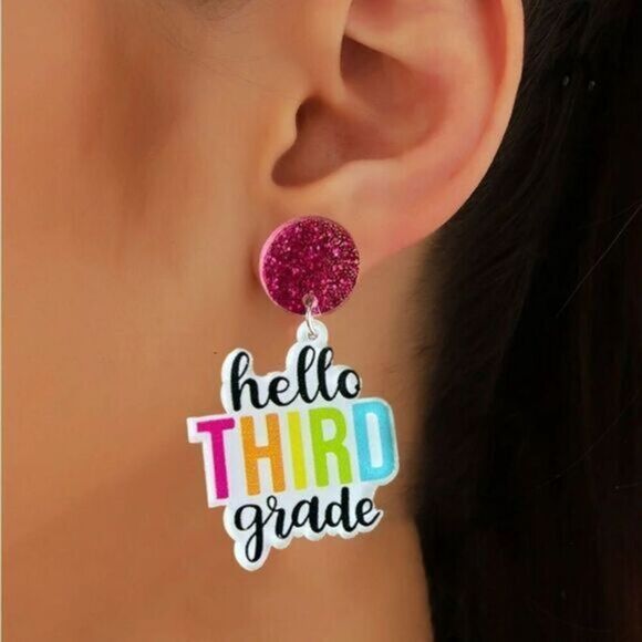 NWT Women’s Dangle Earrings “Hello First Grade” Multi Color Elementary Educator - Picture 1 of 3